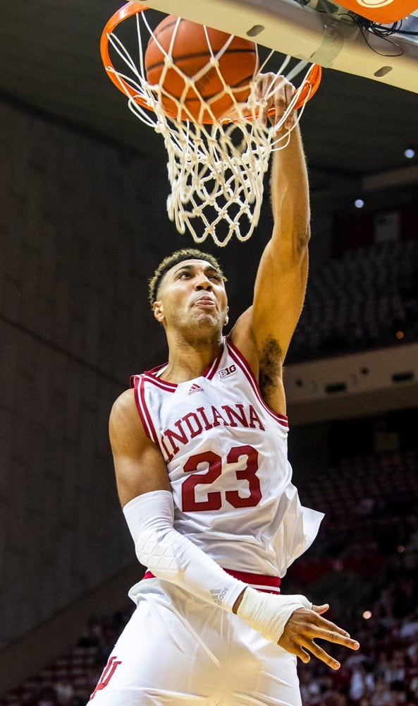 Indiana's Trayce Jackson-Davis (23) dunks during the Indiana versus St. Francis men's basketball game at Simon Skjodt Assembly Hall on Thursday, Nov. 3, 2022.